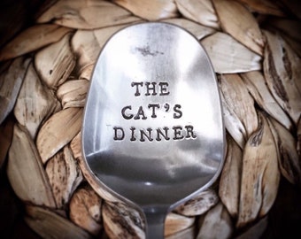 THE CAT'S DINNER Spoon with engraved message Quirky Unique birthday family pet gift for animal loving cat lovers new home kitchen