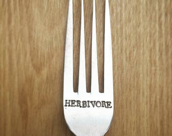 HERBIVORE - Personalised Custom Hand Stamped FORK Funny Hilarious Pun Gag Birthday Vegan Vegetarian Unique Gift for Animal Lover Zero Waste
