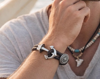Leather bracelet with anchor clasp for men, bracelet with anchor and nautical compass for boys, gift ideas for men.