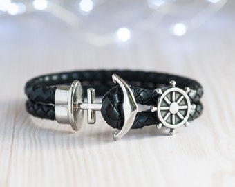 Nautical bracelet with anchor clasp and rudder with black leather cord, stainless steel marine man bracelet, men's bracelets.