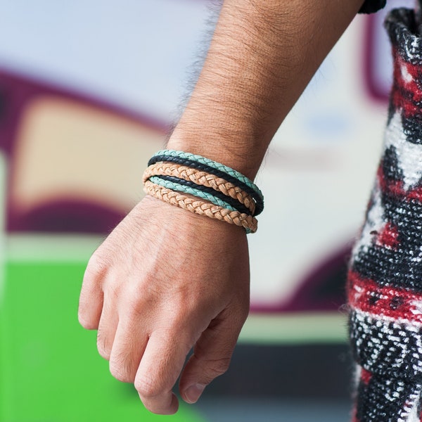 Vegan wrap bracelet available in several colors, unisex cork band blue red or brown. Custom vegan bracelet for men and women
