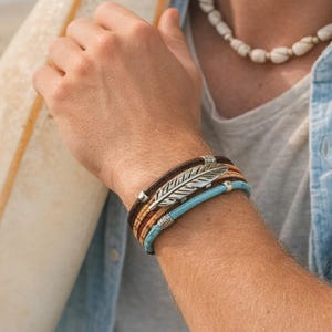 Puede incluir: Una colección de pulseras de cuero en marrón, beige y turquesa, adornadas con un dije de pluma plateada. También se ve un collar de conchas. Las pulseras están apiladas en una muñeca, lo que sugiere un estilo bohemio o playero.
