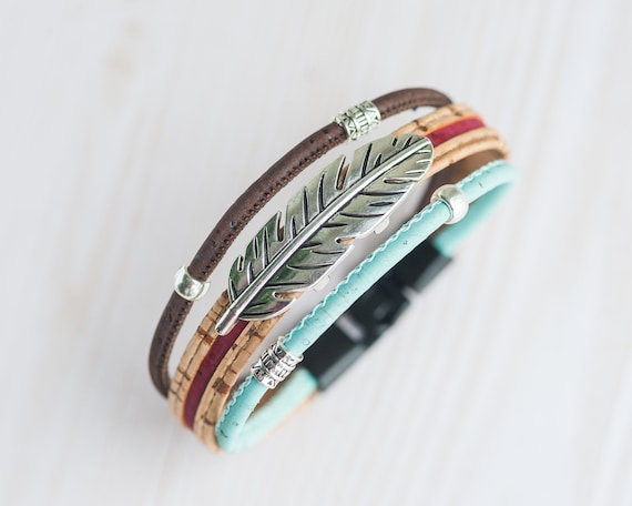 pulsera vegana Pulsera con pluma y cordón de corcho brazalete unisex