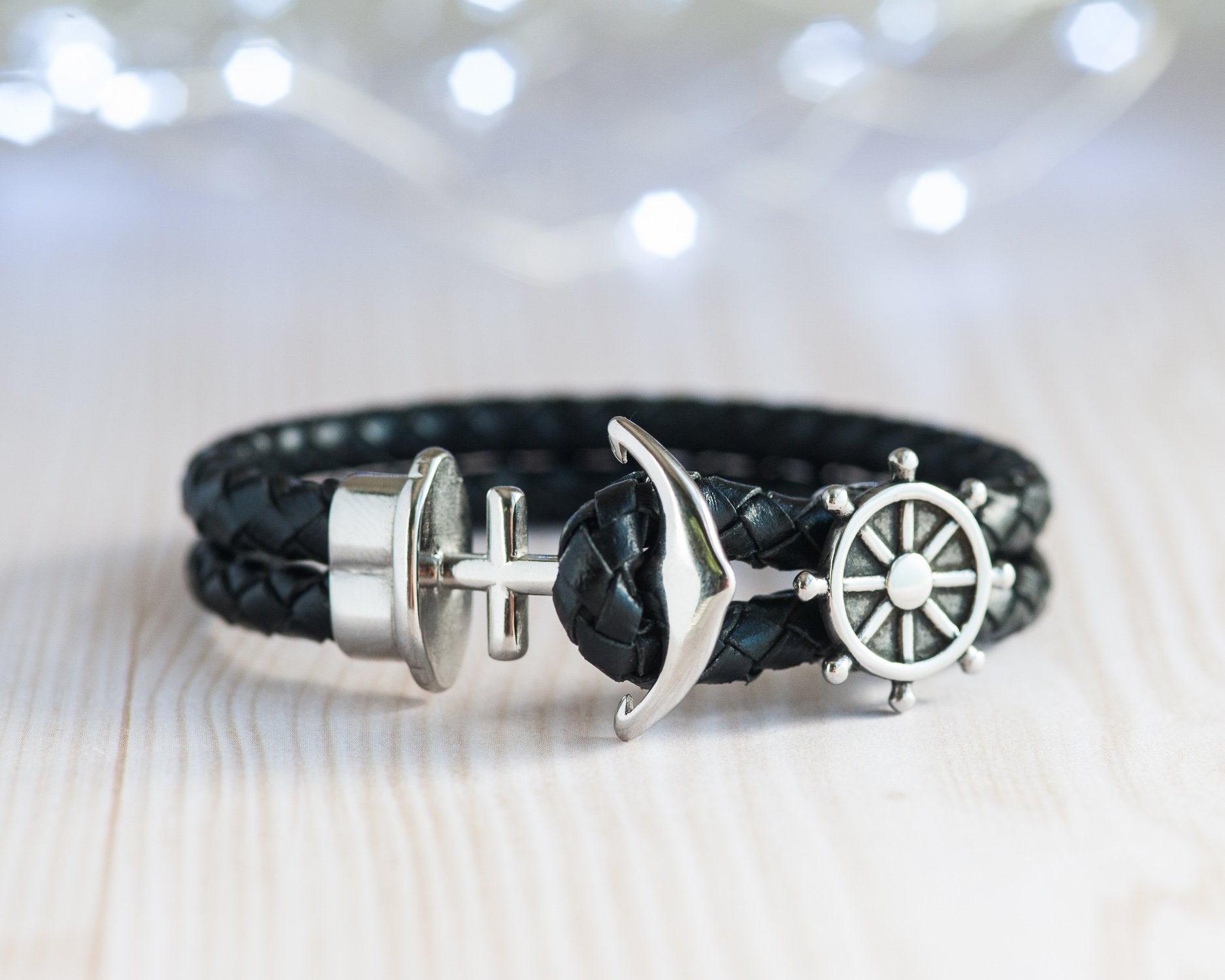 Náutica pescado gancho Pulsera Hecha A Mano Hombres Mujeres De Joyería De Moda Ajustable Negro