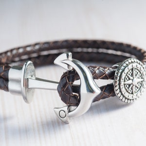Leather bracelet with anchor clasp for men, bracelet with anchor and nautical compass for boys, gift ideas for men.