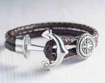 Leather bracelet with anchor clasp for men, bracelet with anchor and nautical compass for boys, gift ideas for men.