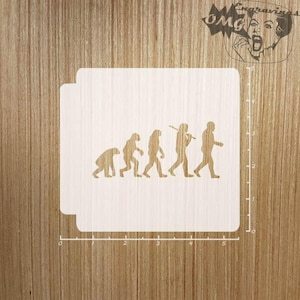 Puede incluir: Una plantilla blanca con una silueta de las etapas de la evolución humana. La plantilla mide 12,7 cm de ancho y 10,2 cm de alto.