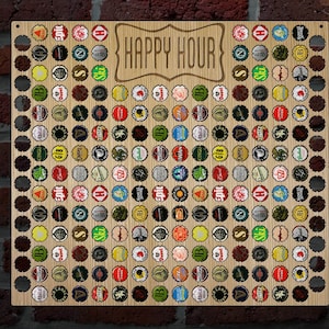 May include: A wooden sign with the words "Happy Hour" in a decorative font. The sign is covered in bottle caps of various colors and designs.