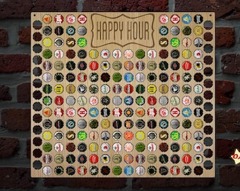 May include: A wooden sign with the words "Happy Hour" in a decorative font. The sign is covered in bottle caps of various colors and designs.