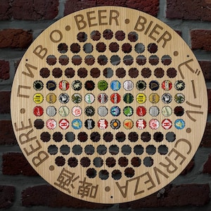 May include: A wooden round beer cap holder with a grid of holes to hold bottle caps. The holder has the word "Beer" written in English, French, German, Dutch, Spanish, Italian, Polish, Portuguese, and Japanese.