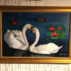 Swans in Love” oil painting also Signed Giclee Print 16”x20” 199 USD