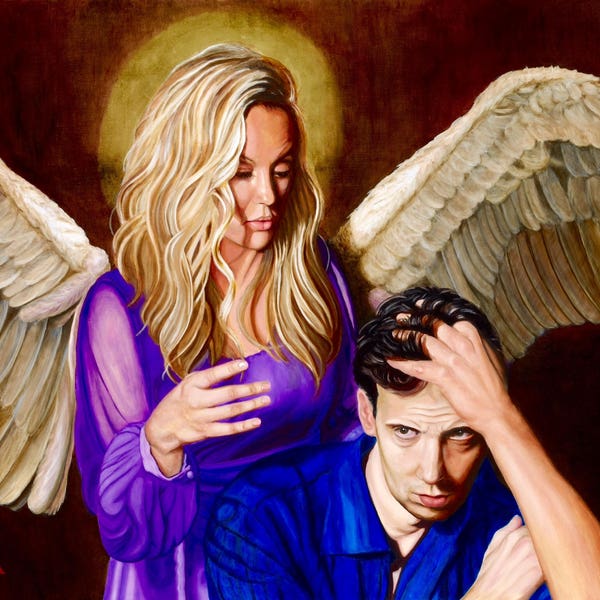 Loving Guardian Angel- magnificent oil painting on linen 36”x48”- price 21,500.USD. Giclee prints available price varies. See details.