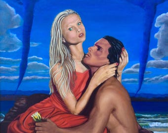 The lovers, oil portrait painting of man and woman in love-Stormy Romance 30”x30”. Price 7,900USD. Giclee prints available see details.