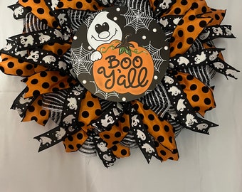 Halloween Wreath, Halloween decomesh wreath, ghost wreath, boo y’all!