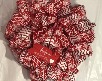 Valentines Day wreathHealth Hearts, gift, Red and white mesh wreath, Red Bow,