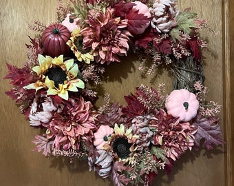 Autumn wreath, fall grapevine wreath, pink fall wreath, pumpkin wreath