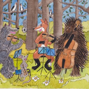 May include: Watercolor painting of a forest scene with anthropomorphic animals playing stringed instruments. A wolf, fox, mouse, and hedgehog are depicted playing the violin and cello. Birds perch in the trees, and berries and flowers dot the ground.