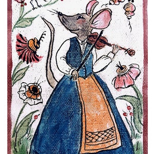 May include: A hand-painted illustration of a mouse wearing a blue dress and orange apron playing a violin. The mouse is surrounded by flowers and a bird.