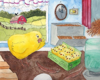 Original Watercolor Painting: Little Chick Gets a Present