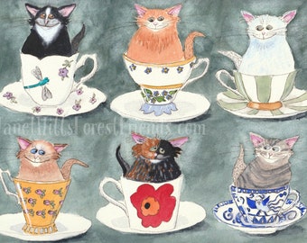 Illustration aquarelle originale : chatons dans des tasses de thé