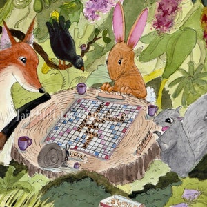 May include: A watercolor painting of a fox, rabbit, and squirrel playing a game of Scrabble on a tree stump in a forest setting. The game board is filled with letters and the animals are looking intently at the board. There are also some flowers and leaves in the background.
