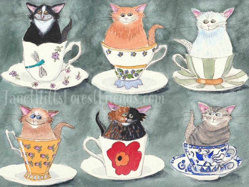May include: Six cats are sitting in teacups. The cats are all different colors and patterns. The teacups are also different colors and patterns. The background is a green watercolor wash.