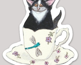 Sticker: Tuxedo Kitten in Teacup