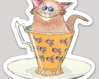 Sticker: Buff Kitten in Teacup