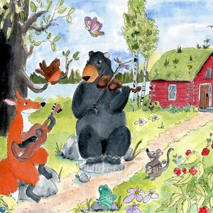 May include: A watercolor painting of a fox playing a guitar, a bear playing a violin, a mouse playing a banjo, and a frog sitting on a rock. There is a red cabin with a green roof in the background.