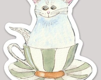 Sticker: White Kitten in Teacup