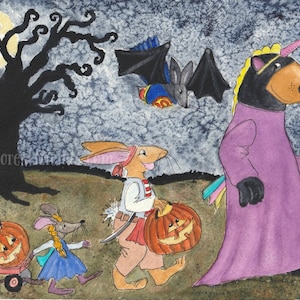 May include: A watercolor illustration of a group of animals dressed up for Halloween trick-or-treating. A bear wearing a purple unicorn costume, a rabbit dressed as a pirate, a mouse in a blue dress, and a bat flying overhead. The animals are carrying pumpkins and walking through a dark forest.