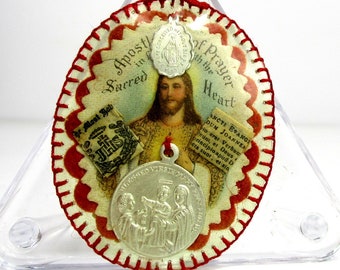 Vintage Scapular Detente Badge w/ Relics & Medals,1932 Sacred Heart Apostleship of Prayer Badge, Our Lady of Olives Medal, Miraculous Medal