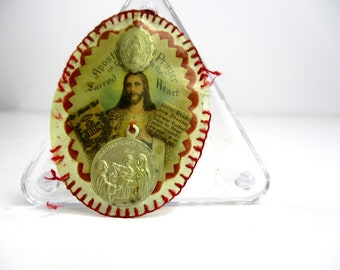 Vintage Scapular Detente Badge w/ Relics & Medals,1932 Sacred Heart Apostleship of Prayer Badge, Our Lady of Olives Medal, Miraculous Medal