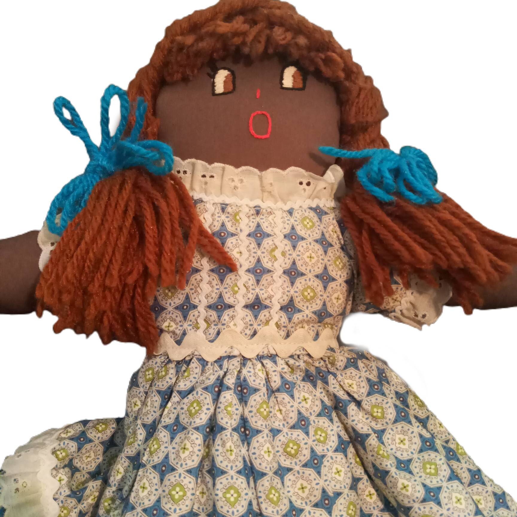 Vintage Black Americana 17in Rag Doll Yarn Hair Blue White Etsy