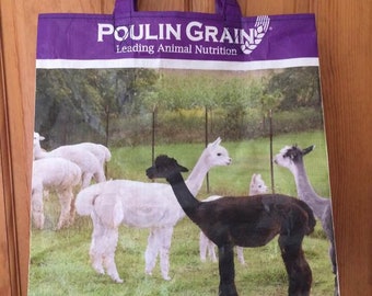 Reusable Tote Bag, alpaca/llama design, Upcycled feed bags