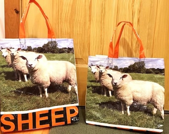 Reusable Tote Bag-SHEEP-Upcycled feed bags-recycled feed bags-grain bags-reusable bags-market bag-project bag