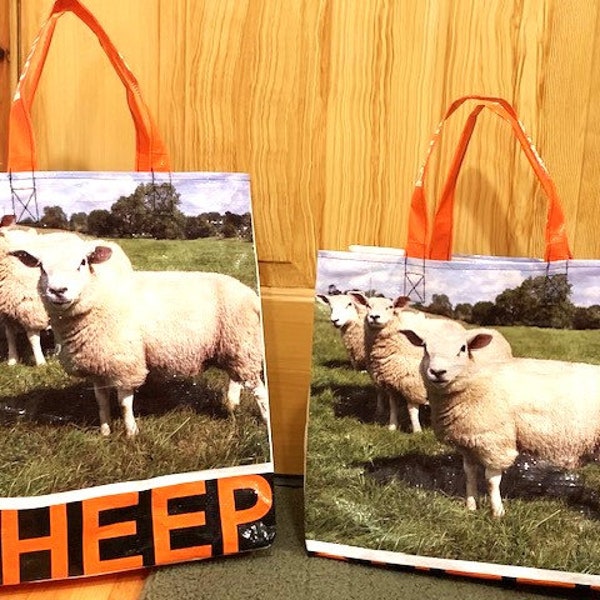 Reusable Tote Bag-SHEEP-Upcycled feed bags-recycled feed bags-grain bags-reusable bags-market bag-project bag