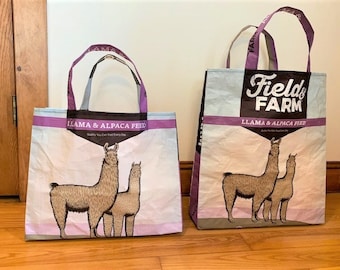 Reusable Tote Bag, llama & alpaca design, Upcycled feed bags