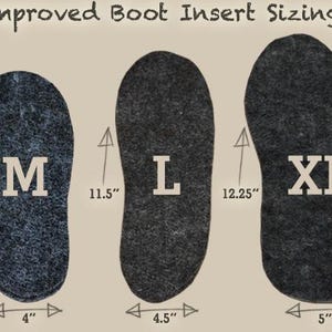 May include: Three dark grey felt boot inserts labeled M, L, and XL. The M insert is 10.25 inches by 4 inches, the L is 11.5 inches by 4.5 inches, and the XL is 12.25 inches by 5 inches. The text Improved Boot Insert Sizing is at the top.