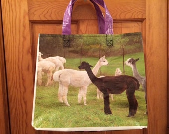 Reusable Tote Bag, alpaca/llama design, Upcycled feed bags