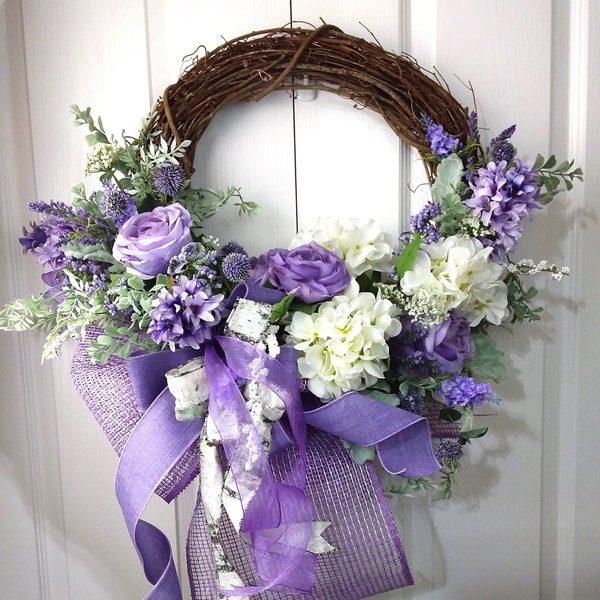 Front Door Purple and White, Spring Grapevine Wreath, Large Colour Coordinated Bow, Perfect Gift For A Housewarming, A Wedding or A Birthday