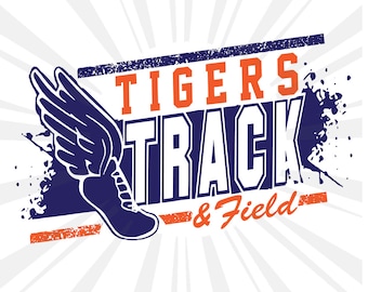 May include: A blue and orange graphic design with the text "Tigers Track & Field" and a stylized blue running shoe with wings.