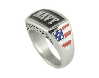 Ladies Or Men's Navy Ring Enameled American Flag Stainless Steel Military Jewelry