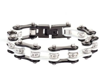 1/2 inch Wide Two Tone Black White With White Crystal Rollers Stainless Steel Motorcycle Bike Chain Bracelet