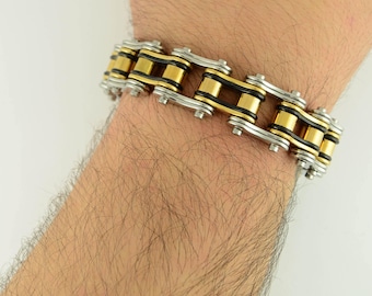 Heavy Metal 8" Steampunk Bicicleta Cadena Pulsera Acero Inoxidable Negro Plata Motocicleta