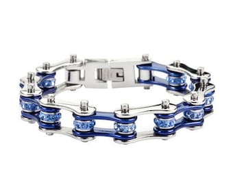 1/2 Zoll breit zwei Ton Silber Candy blau mit blauen Kristall Zentren Edelstahl Motorrad Fahrrad Kettenarmband