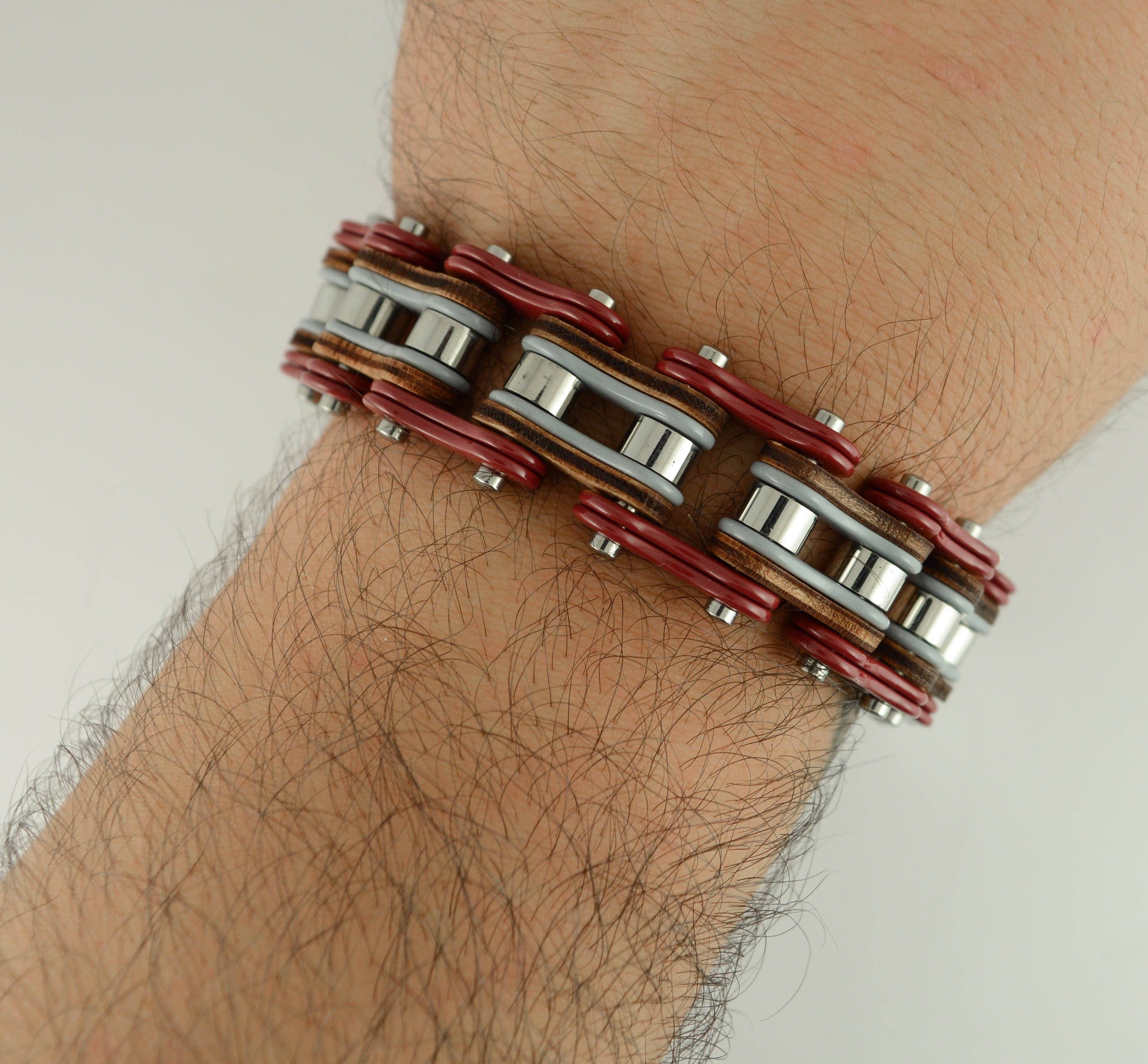 3色 レッド グレー シルバー レザー 3/4インチ幅 ダブルリンクデザイン