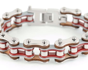 Heavy Metal Hombres Acero Inoxidable Plata Gris Rojo Bicicleta Cadena Pulsera US vendedor