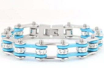 Heavy Metal Patented Women's Biker Jewelry Ladies Motorcycle Stainless Steel Crystal Turquoise Bike Chain Bracelet
