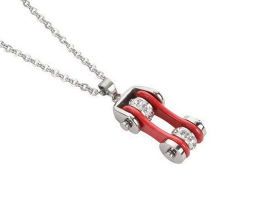 Heavy Metal Woman s Biker Stainless Steel Bike Chain Necklace Silver Red USA Seller Etsy